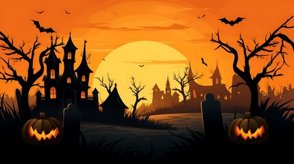 Halloween background haunted house pumpkins bats spooky night vector illustration october autumn season