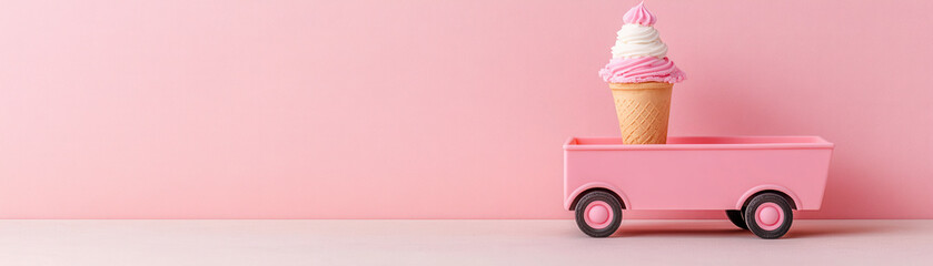 Pink ice cream cone with swirl topping on small pink toy wagon against pastel pink background, playful and sweet