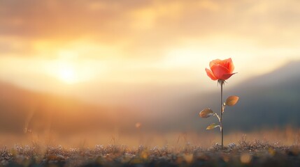 Fototapeta premium Beautiful sunrise over a single red rose nature photography serene landscape close-up symbol of hope