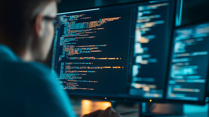 Person coding on multiple monitors showing complex programming code in a dark, focused workspace.