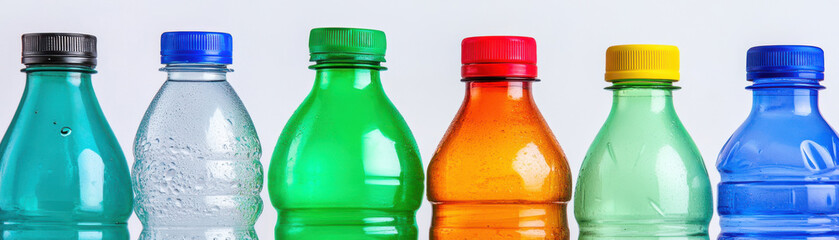 Plastic bottles in vibrant colors arranged in row with colorful caps, showing freshness and variety in packaging