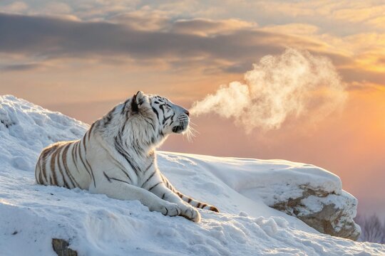 Majestic white tiger resting in snowy landscape breathes out a dramatic cloud of steam