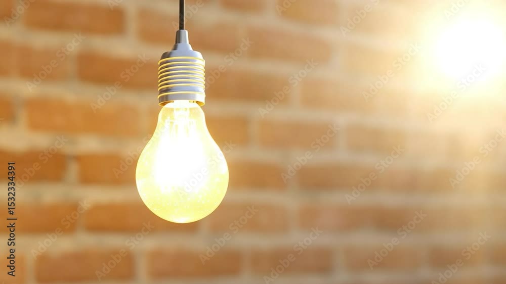 Poster glowing idea: a radiant, illuminated light bulb suspended in front of a textured brick wall. symboli