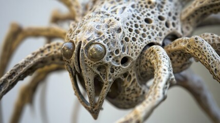 Close-up of intricate, textured, spider-like sculpture in museum