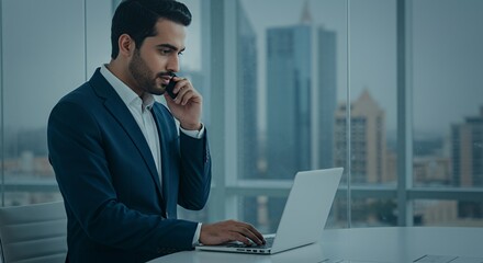 Businessman on a call, working on his laptop in a modern office with a cityscape view.