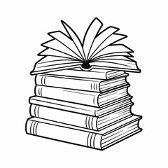 Stack of books with open book on top line art