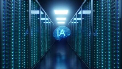 A digital representation of a glowing brain within a server room. - Powered by Adobe