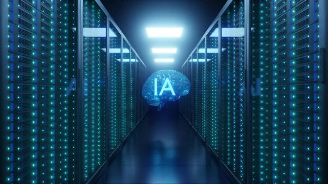 A digital representation of a glowing brain within a server room.