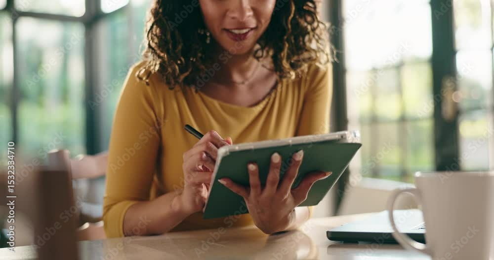 Poster happy, employee and woman with tablet, home and web designer with stylus for project or remote work.