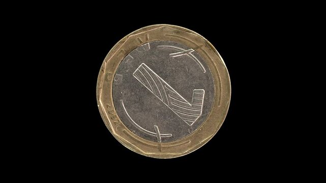 Bulgaria 2002 one lev coin reverse with denomination in Cyrillic rotating on black background