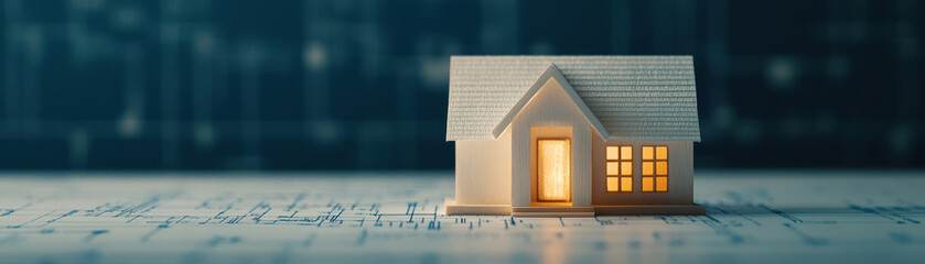 Miniature house model with glowing window on architectural blueprint, symbolizing real estate planning and cozy home design