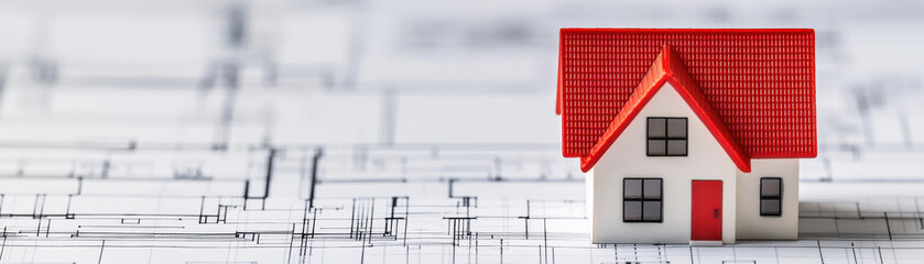 Miniature house model with red roof on architectural blueprint showing detailed home plan design