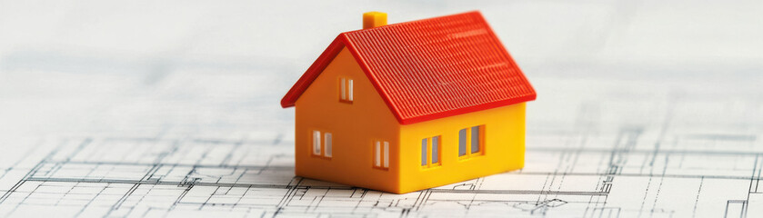 Miniature house model with red roof on architectural blueprint showing detailed home plan design