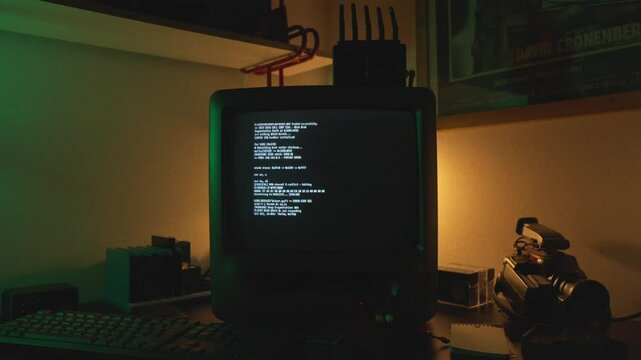 Retro terminal displays boot sequence with dim VHS camcorder and moody side light, error 503 unable to locate resource, network failure