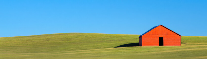Obraz premium Red barn in sunny rural landscape with green rolling hills and clear blue sky creating peaceful countryside scene