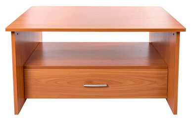 light brown wooden work table with single wide drawer at bottom isolated on white