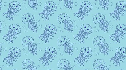 Blue jellyfish pattern—underwater seamless marine design for textiles and decor.