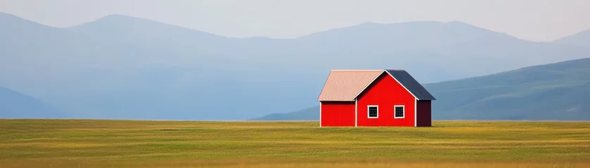 Gordijnen Red barn in sunny rural landscape with green grass and distant blue mountains creating peaceful countryside scene © nattapon98