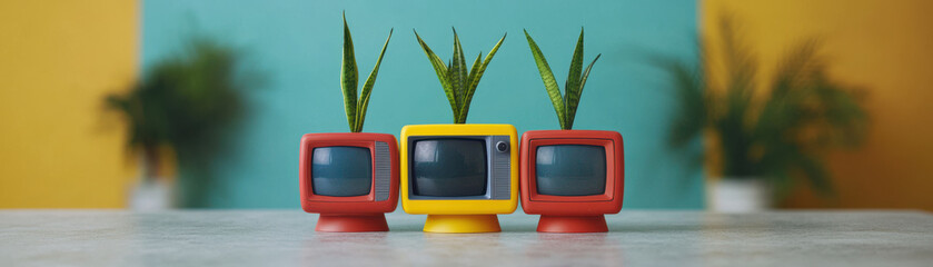 Retro televisions with colorful screens arranged with green plants inside, creating playful and vibrant scene