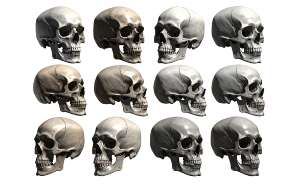 Set of Realistic Human Skull with Dramatic Shadows, isolated on a transparent background