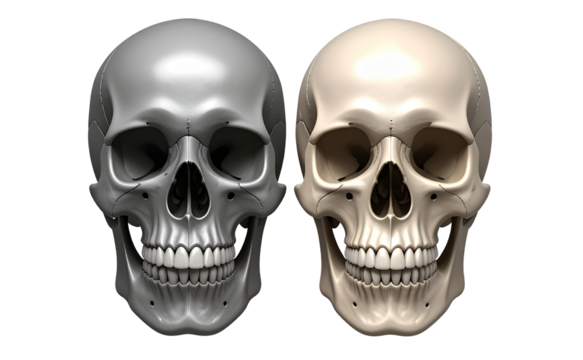 Two Realistic Human Skull with Dramatic Shadows, isolated on a transparent background