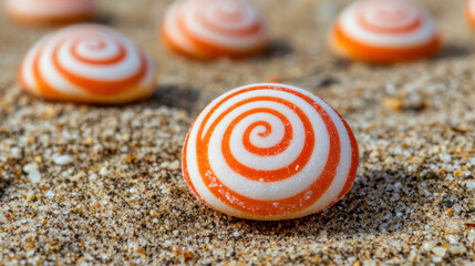 Candy shaped seashell with orange spiral pattern on sandcovered beach with blurred shells in background