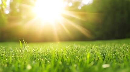 Fototapeta premium Vibrant Green Grass Meadow Sunlight Rays Background