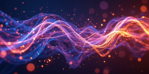 Obraz premium Cybernetic Energy Waves - Pulsating energy waves made of glowing particles and interconnected digital filaments, flowing in synchronized motion.