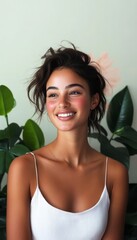 Fototapeta premium Smiling woman posing gracefully against a lush plant backdrop in a natural light studio setting.