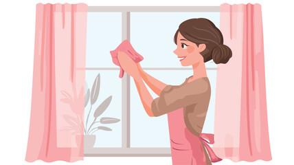 The illustration showcases a stylized cartoon drawing of a young woman with brown hair tied in a bun, wearing a pink apron.  She is positioned in profile view, her body facing towards the right of