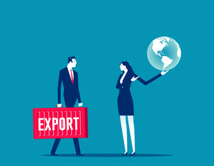 Development. Export businessman opens to the world market with a container shaped bag