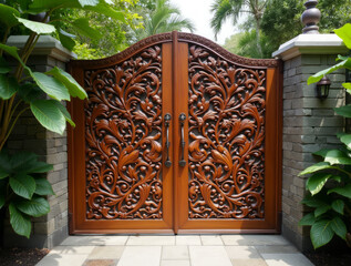 Carved Teak Garage Gate on a Luxury Balinese Retreat