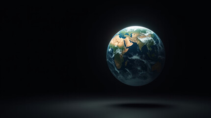 Earth Suspended in Darkness with Space for Text, Realistic Studio Planet Photograph