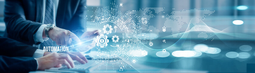Business colleagues and analysis automation enhance efficiency, streamline workflows, reduce errors, enable real-time insights, collaboration for smarter decision-making and increased productivity.