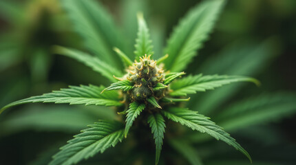 Green Growth: Low Angle Close-Up of Cannabis Bud and Top Leaves