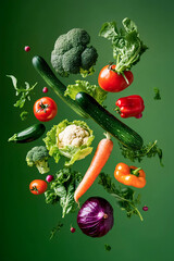 Fresh vegetables arranged in an artistic display against a vibrant green background showcasing the beauty of healthy eating and seasonal produce