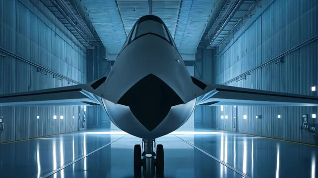 Advanced military aircraft in hangar, fighter jet technology and aerospace concept.