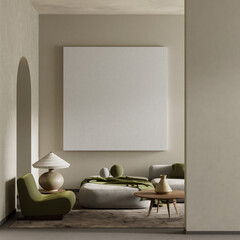 Modern and tranquil living room with green accents. 3D illustration