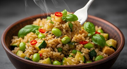 Close-up fried rice bite on fork, spotlight highlights basil and steam, rice gleams with flavor.