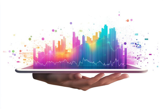 Hand holding tablet displaying colorful data visualization charts and graphs
