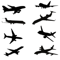 Silhouette set of various airplanes including passenger jets, fighter planes, helicopters, and vintage aircraft. Perfect for travel themes, aviation designs, infographics, and flight-related projects.
