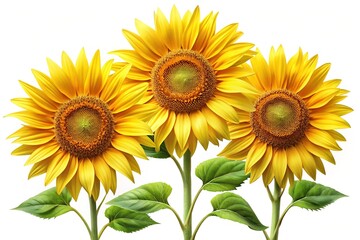 Obraz premium Three Vibrant Sunflowers Displaying Their Radiance against a Pristine White Backdrop