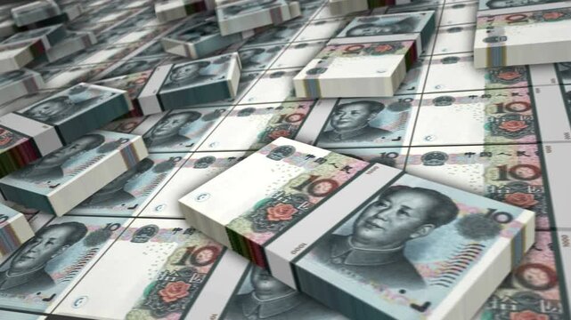 China money Chinese yuan renminbi banknote bundle loop. 10 CNY money stacks. Concept of business, economy, banking and finance. Camera over cash packs loopable seamless 3d.