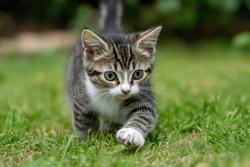 Fototapeta premium Cat Tag. Tabby Cat with Green Eyes and Cute Grey Striped Patterns
