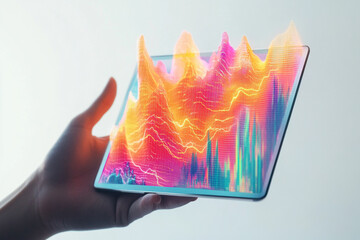 Hand holding tablet displaying vibrant 3D data visualization colorful graph financial market analysis