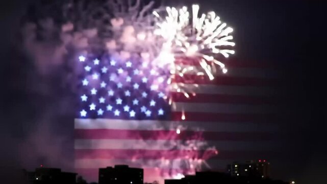 Night fireworks light up sky in shape of American flag colors