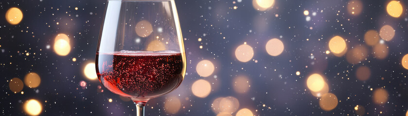 Sparkling red wine in glass with bubbles and festive bokeh lights creating joyful celebration atmosphere