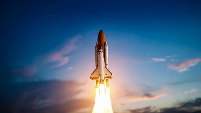 Space shuttle launching against a colorful sunset sky, ascending with powerful engines, creating bright flames in a breathtaking scene