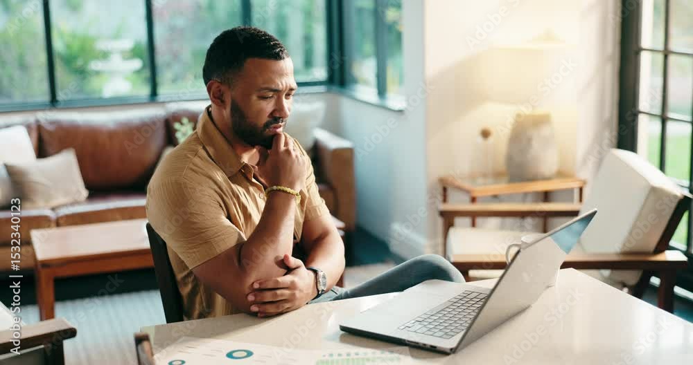 Aufkleber documents, laptop and thinking with freelance man in home office for budget or financial report. com