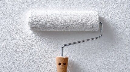 Fototapeta premium A paint roller covered in white paint is being used to coat a wall in a contemporary room. The ambiance is bright and clean, reflecting a fresh renovation effort